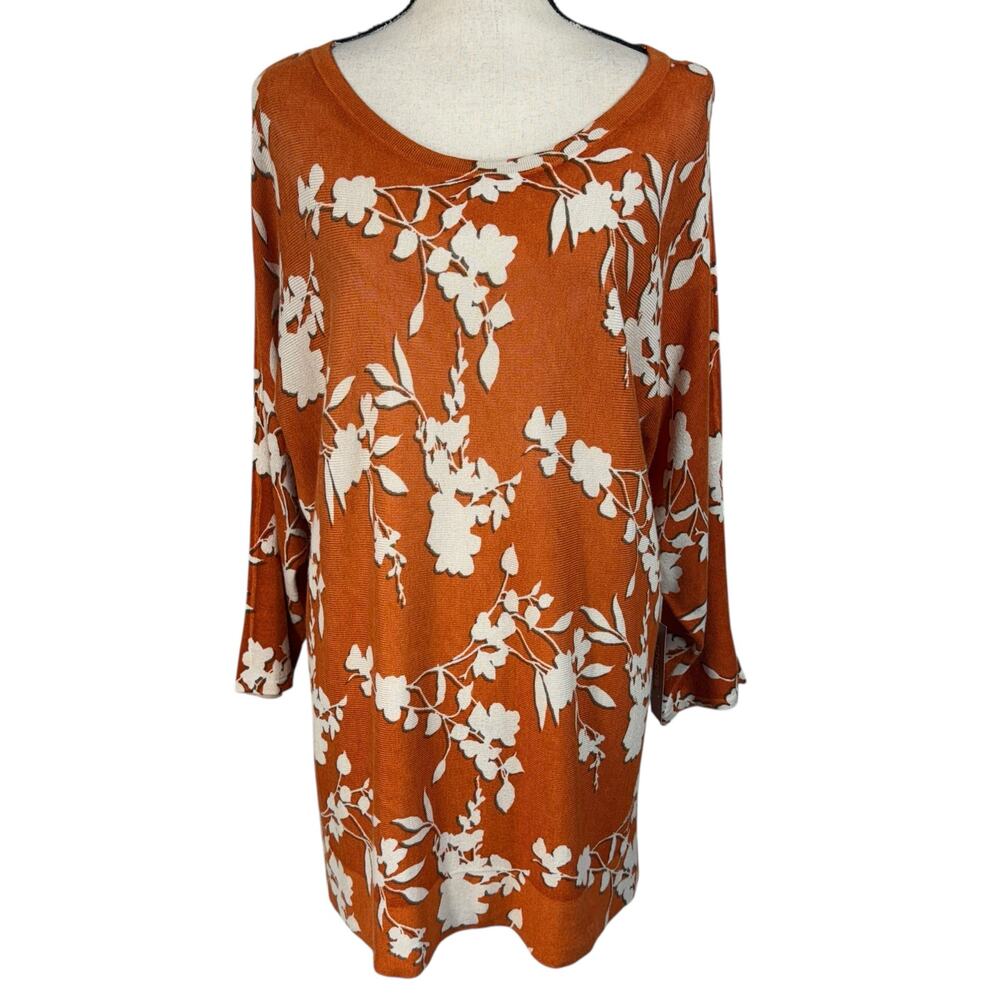 Chico's SZ 3 (X-Large) Tunic Sweater Floral 3/4 Dolman Sleeve Boat Neck Pullover